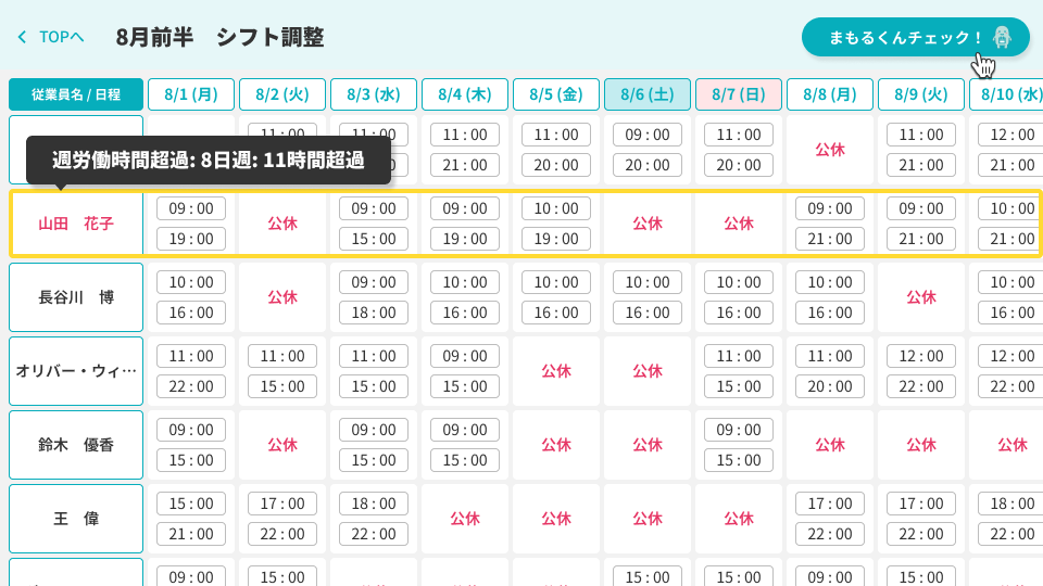 パートスタッフの週労働時間が11時間超過していることを検知して表示している画面